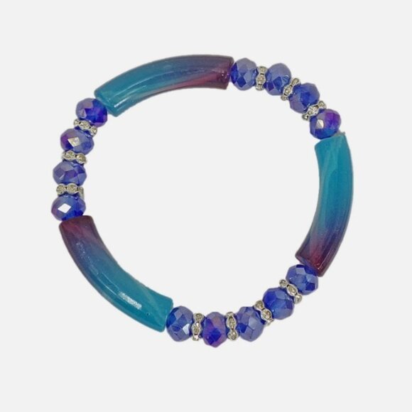 Blue and purple glass bead stretch bracelet with clear crystal spacer beads - Picture 2 of 5